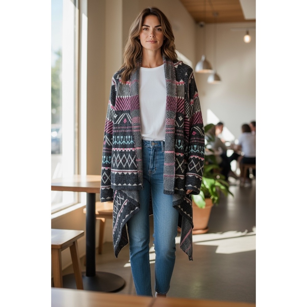 Kamana Women's Geometric Pattern Open Front Cardigan‎ Sweater Large